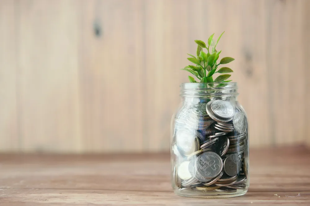 Bocal de pièces de monnaie d’où sort une jeune pousse